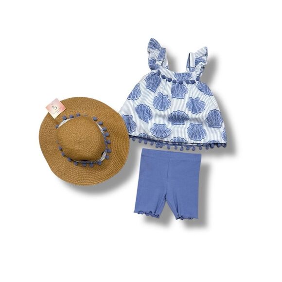 Other - **NWT**Blue Seashell Top and Shorts Set with Straw Hat